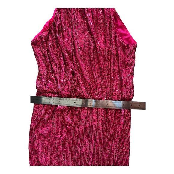 Saylor Shana Cocktail Sequin Dress Pink Halter Sheath Midi Hi Lo Medium M - Picture 11 of 13